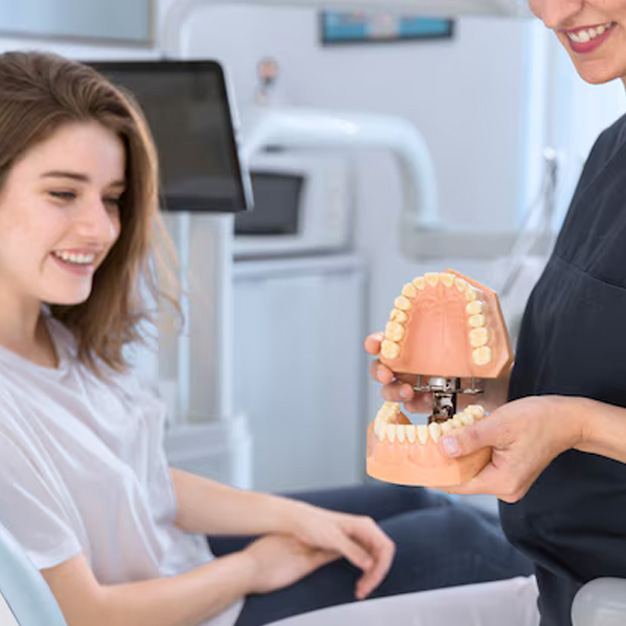 Dentist showing teeth model to smiling patient